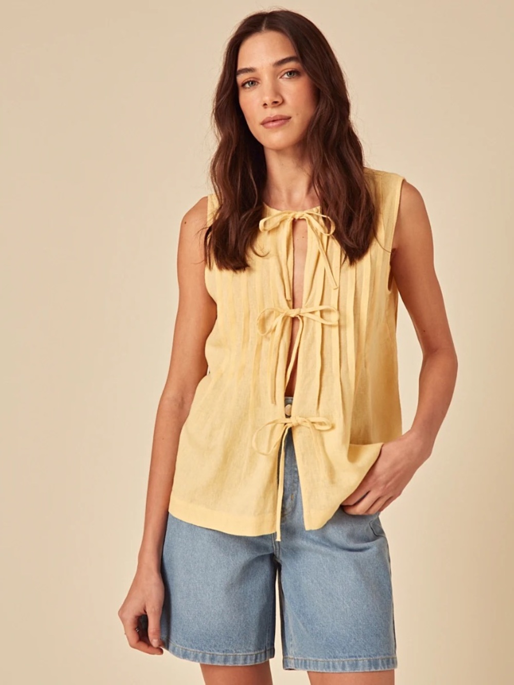 Nobody's Child Butter Yellow Linen-Blend Tie Front Top - Size US 10